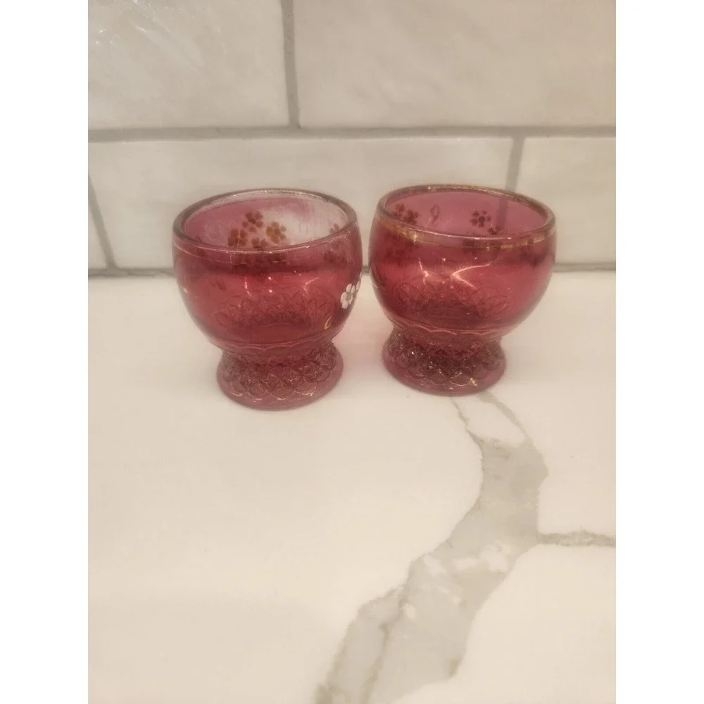 Two Antique EAPG Pink Hand Painted Enamel Daisies Toothpick Holder Flashed Color